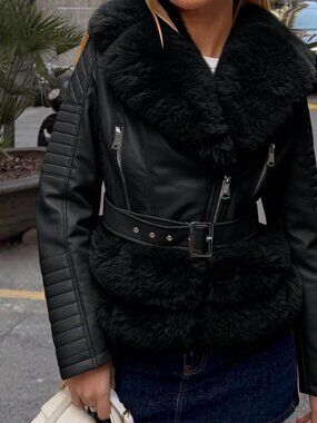 Black Casual Women's Faux Leather Jacket With Elegant Faux Fur Collar